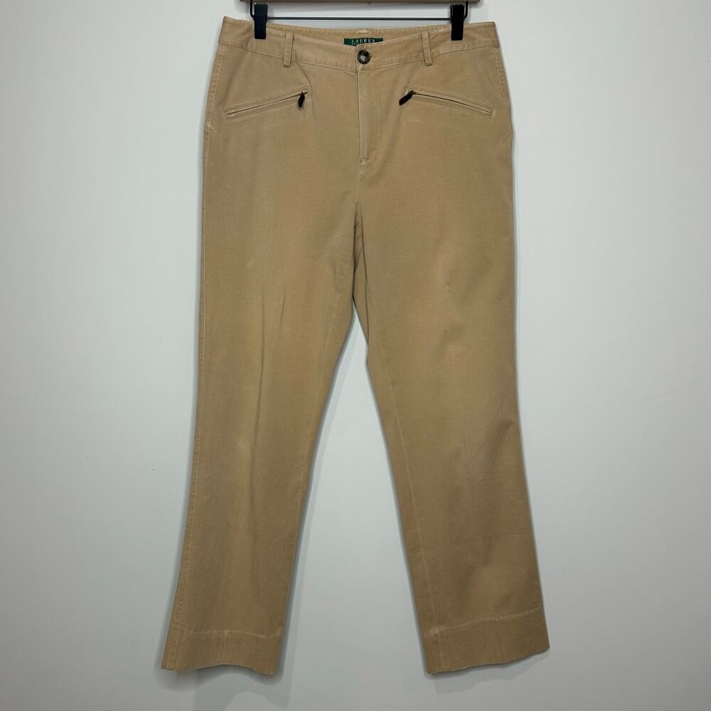 Lauren Ralph Lauren Tan Khaki Pants Size 8 Straight Leg Zipper Pockets Equetrian